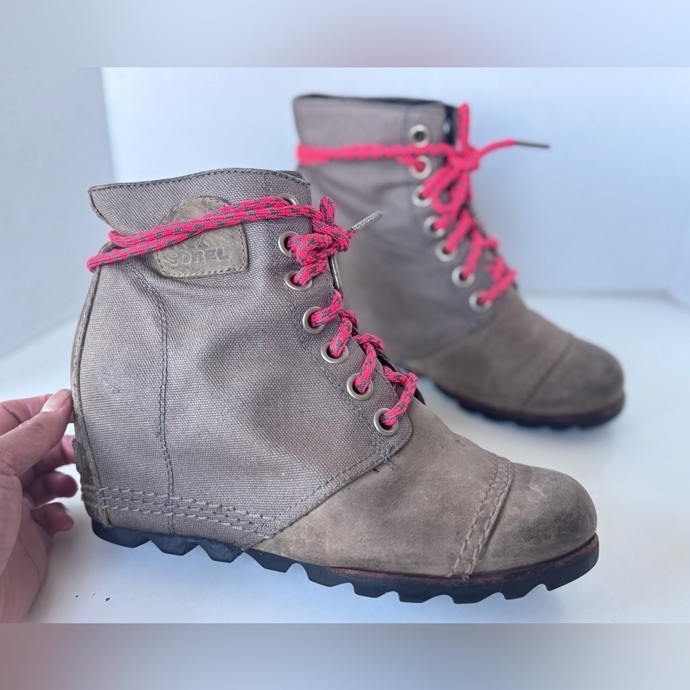Sorel PDX Grey Brown Leather Wedge Lace Up Ankle Boots Women’s Size 8
